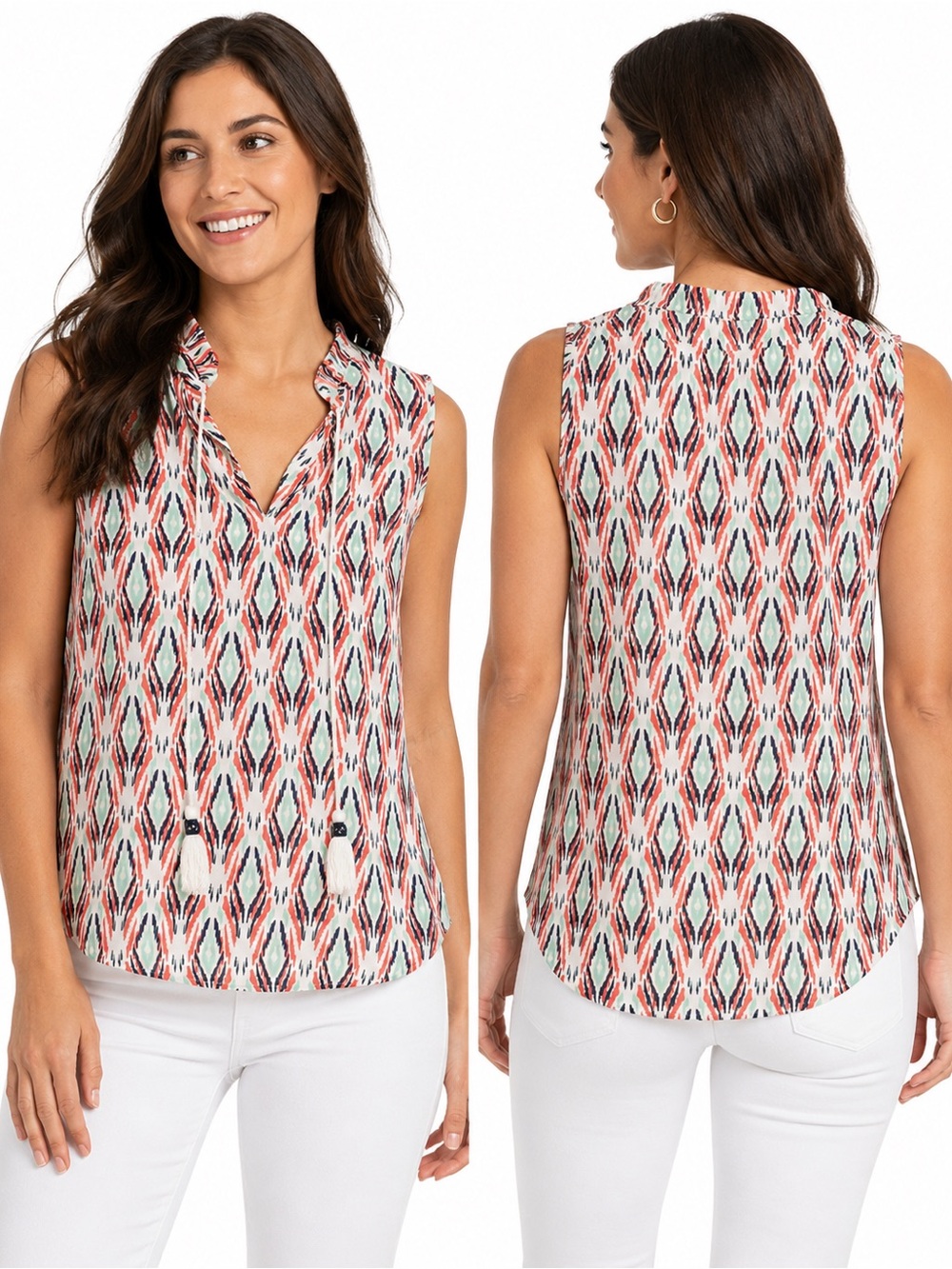 Bobeau Boho Ikat Print Sleeveless Tassel Blouse Size M, EUC